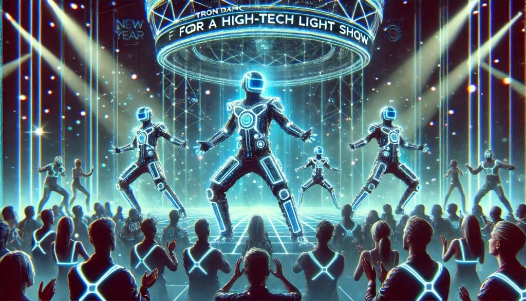 Tron dancers in glowing LED suits performing a high-tech light show at a New Year party in Pondicherry, Vellore, and Kanchipuram. Futuristic entertainment for Tamil Nadu celebrations.

