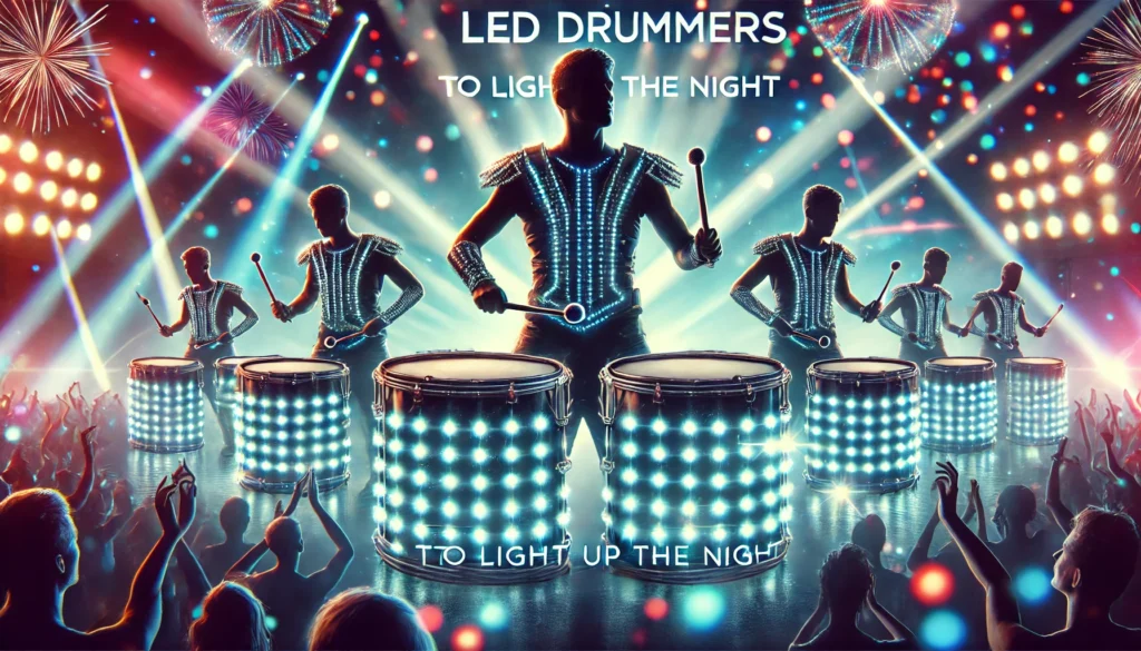 LED drummers creating an electrifying performance at a New Year party in Madurai, Trichy, and Rameswaram. Stunning light displays and rhythmic beats for unforgettable celebrations.