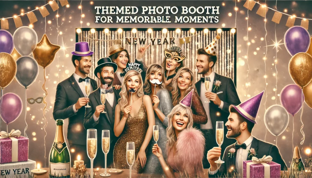 Guests posing with New Year props in a themed photo booth at a party in Kanchipuram, Chennai, and Coimbatore, Tamil Nadu. Fun photo opportunities for celebrations in Pondicherry and Madurai.