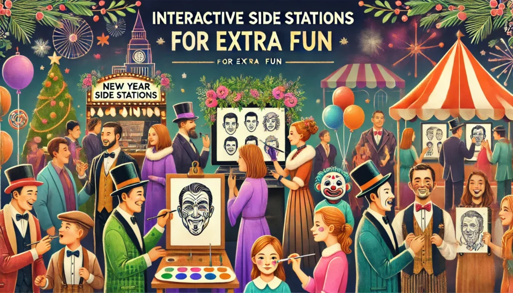 Interactive side stations with face painting, balloon sculpting, and caricature drawing at a New Year party in Chennai, Thanjavur, and Ooty. Fun for all ages in Pondicherry and Vellore.

