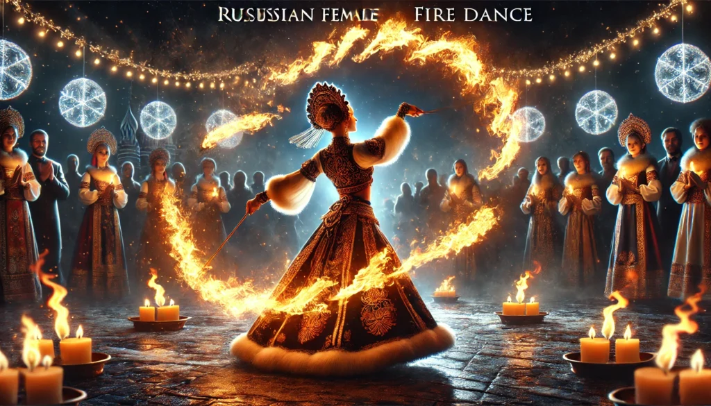 Russian female fire dancer performing fiery tricks at a New Year celebration in Coimbatore, Ooty, and Chennai, Tamil Nadu. Dramatic and thrilling fire dance performance.